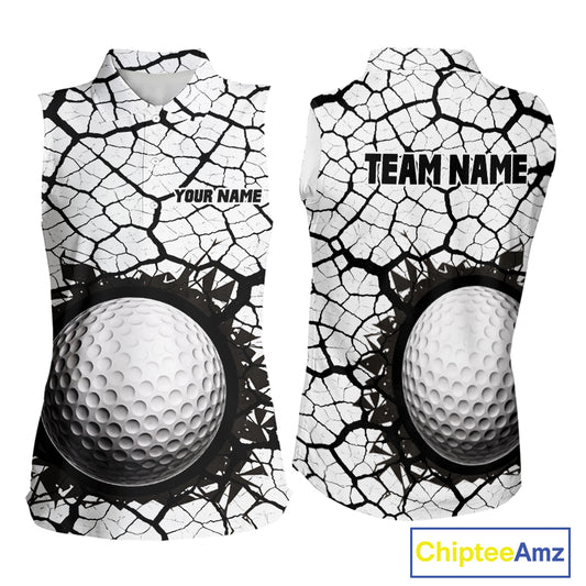Golf Ball Breaking Sleeveless Polo Shirt, Black And White Cracking Pattern Polo Shirt, Best Golf Gift For Women NBT542
