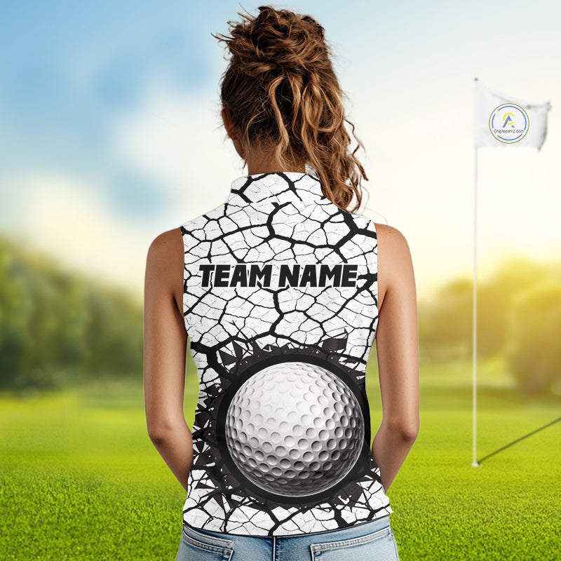 Golf Ball Breaking Sleeveless Polo Shirt, Black And White Cracking Pattern Polo Shirt, Best Golf Gift For Women NBT542