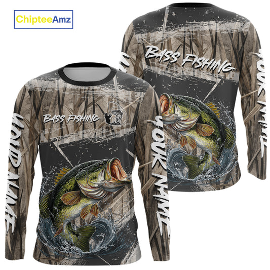 Largemouth Bass Grass Camo Custom Name Fishing Shirt, Bass Fishing Shirts For Men NBT354