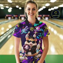 Load image into Gallery viewer, Bowler wearing custom funny hamster purple graffiti women bowling polo shirt on the lanes