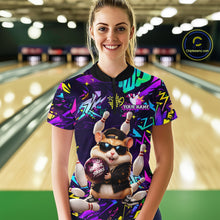 Load image into Gallery viewer, Bowler wearing custom funny hamster purple graffiti women bowling 1/4 quarter zip shirt on the lanes