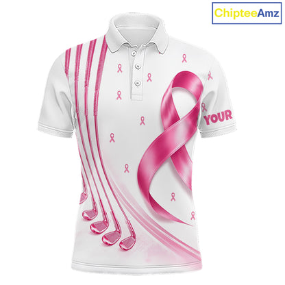 A blue, white breast cancer awareness ribbon pattern bowling up shirt displayed in front views, featuring personalized golf team designs.