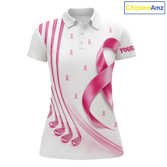 Front views of a womens Breast Cancer Awareness pink ribbon golf polo shirt, name text on the sleeve.
