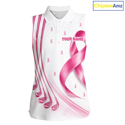 Front views of a womens Breast Cancer Awareness pink ribbon sleeveless golf polo shirt, name text on the sleeve.