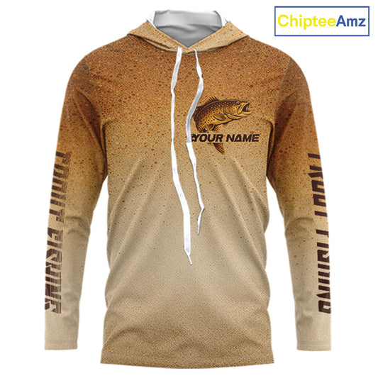 Brown Trout Fish Skin Long Sleeve Hooded Fishing Shirts Custom Name, Trout Fishing Shirts NBT402