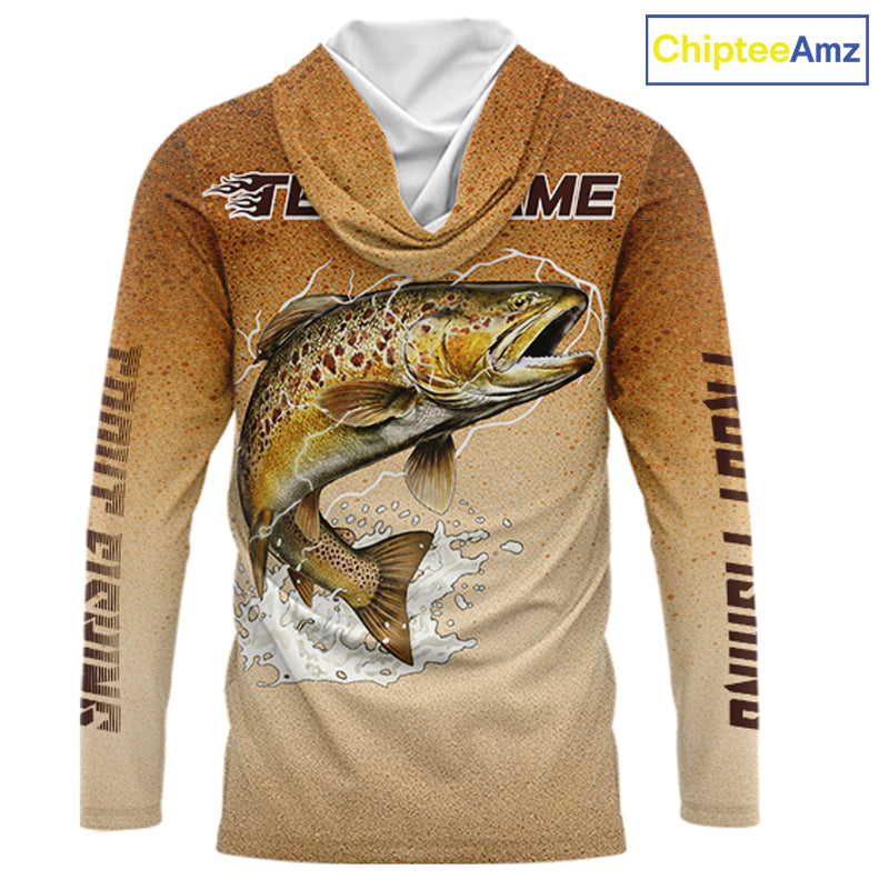 Brown Trout Fish Skin Long Sleeve Hooded Fishing Shirts Custom Name, Trout Fishing Shirts NBT402