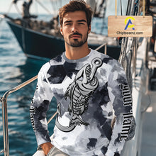 Load image into Gallery viewer, Man wearing personalized fish skeleton fishing shirt with custom name on sleeves