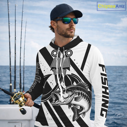 Angler wearing black and white largemouth bass long sleeve hooded fishing shirt on boat