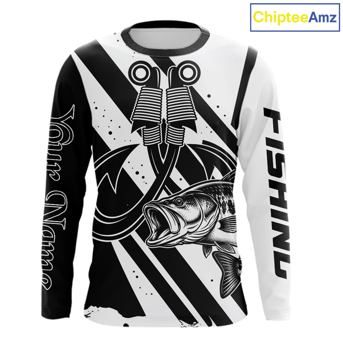 Front view of black and white largemouth bass long sleeve fishing shirt with sun protection