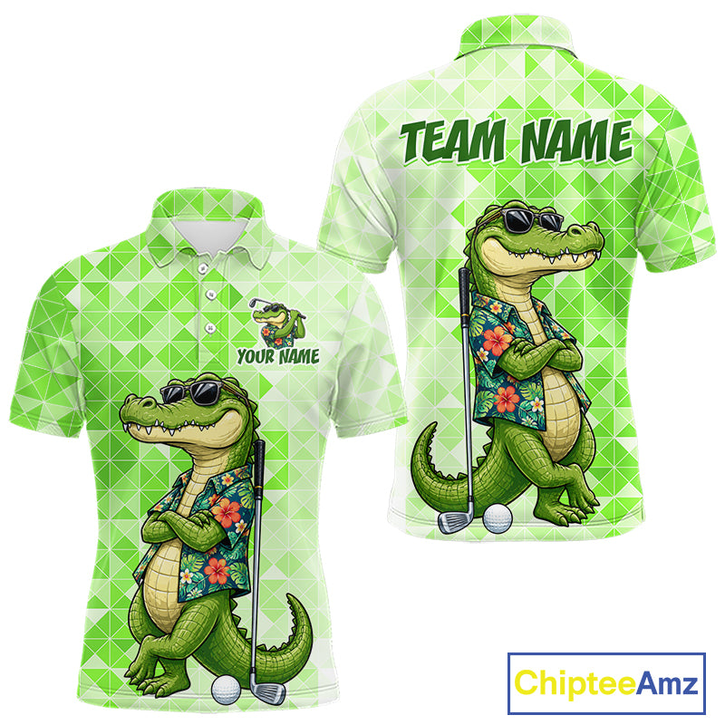 Funny Green Alligator Golf Polo Shirt Mens Custom Name Team Golf Shirts, Golf Gifts | Green NBT950