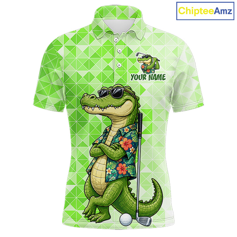 Funny Green Alligator Golf Polo Shirt Mens Custom Name Team Golf Shirts, Golf Gifts | Green NBT950