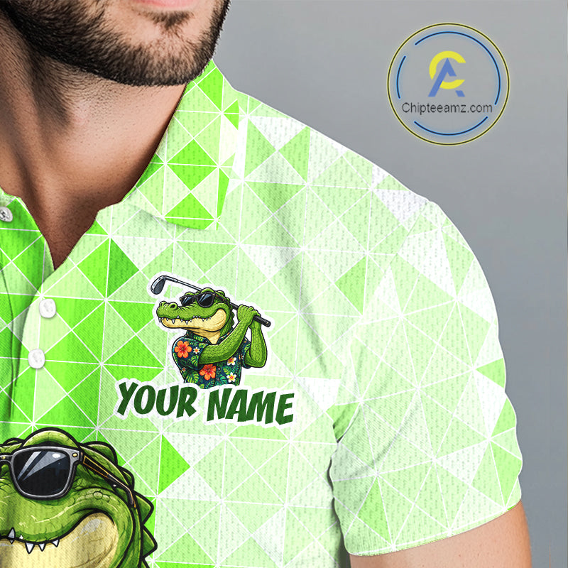 Funny Green Alligator Golf Polo Shirt Mens Custom Name Team Golf Shirts, Golf Gifts | Green NBT950