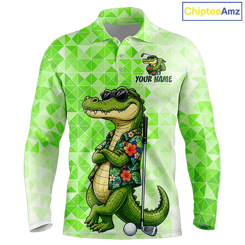 Funny Green Alligator Golf Polo Shirt Mens Custom Name Team Golf Shirts, Golf Gifts | Green NBT950