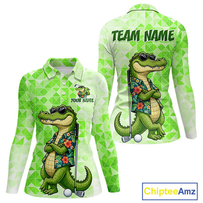 Funny Green Alligator Golf Polo Shirt Womens Custom Name Team Golf Shirts, Golf Gifts | Green NBT950