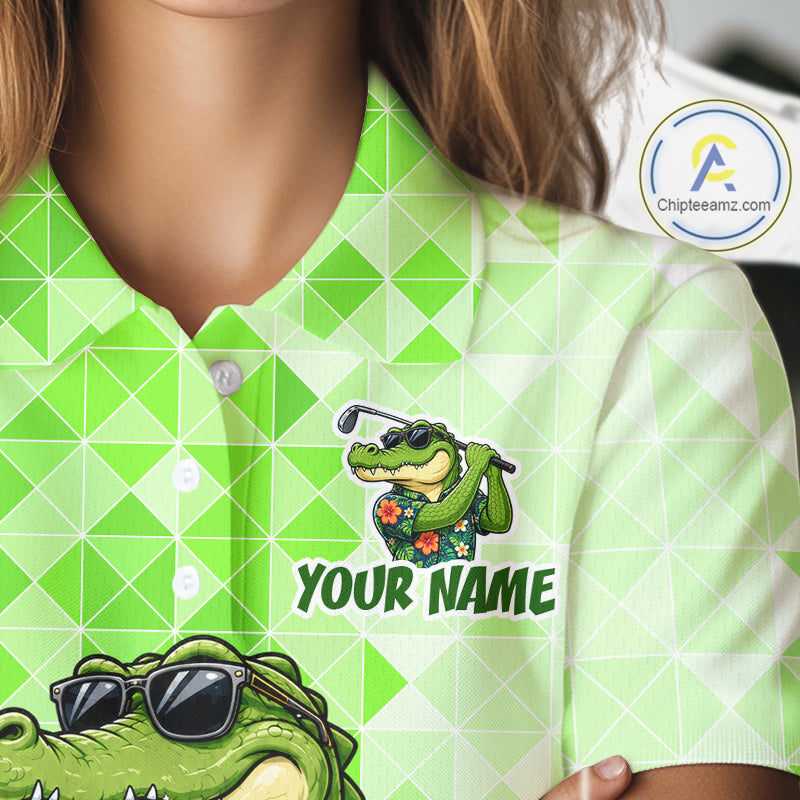 Funny Green Alligator Golf Polo Shirt Womens Custom Name Team Golf Shirts, Golf Gifts | Green NBT950
