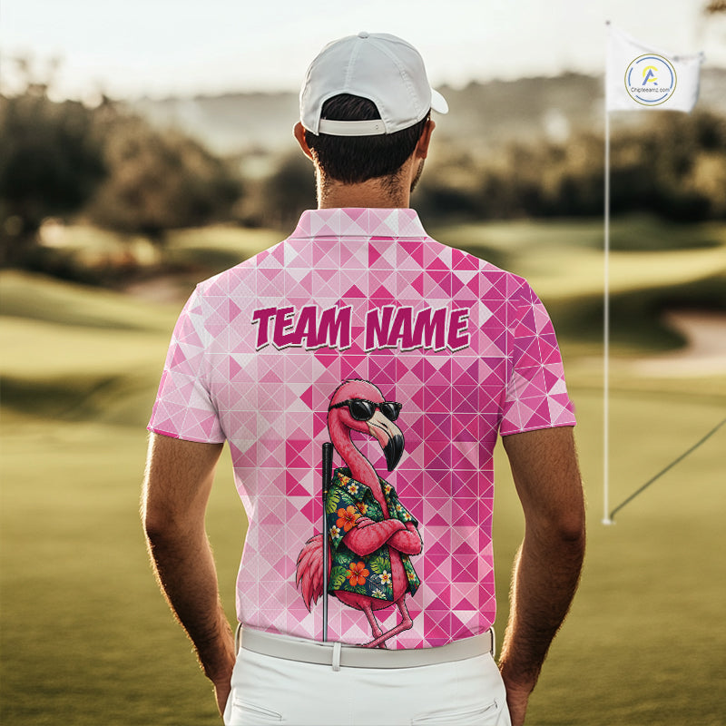 Funny Pink Flamingo Golf Polo Shirt Mens Custom Name Team Golf Shirts, Golf Gifts NBT956