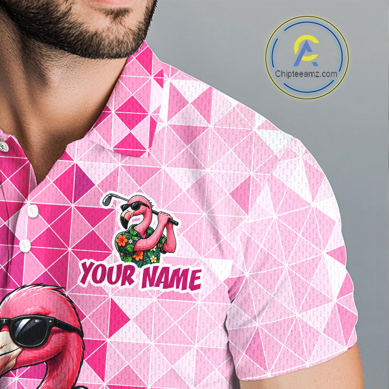 Funny Pink Flamingo Golf Polo Shirt Mens Custom Name Team Golf Shirts, Golf Gifts NBT956