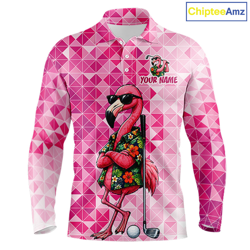 Funny Pink Flamingo Golf Polo Shirt Mens Custom Name Team Golf Shirts, Golf Gifts NBT956