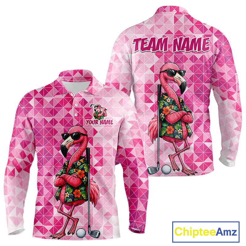 Funny Pink Flamingo Golf Polo Shirt Mens Custom Name Team Golf Shirts, Golf Gifts NBT956