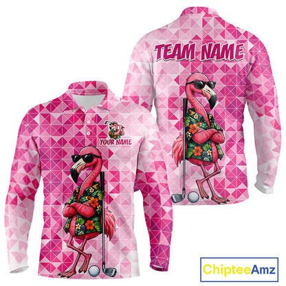 Funny Pink Flamingo Golf Polo Shirt Mens Custom Name Team Golf Shirts, Golf Gifts NBT956
