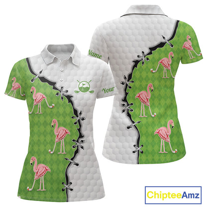Funny Womens Golf Polo Shirt Green Argyle Flamingo Pattern Custom Name White Golf Shirt NBT558