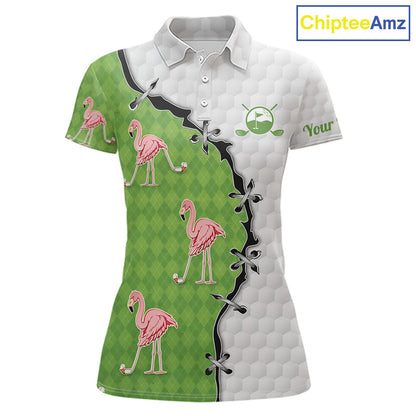 Funny Womens Golf Polo Shirt Green Argyle Flamingo Pattern Custom Name White Golf Shirt NBT558
