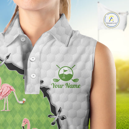 Funny Womens Sleeveless Golf Polo Shirt Green Argyle Flamingo Pattern Custom Name White Golf Shirt NBT558