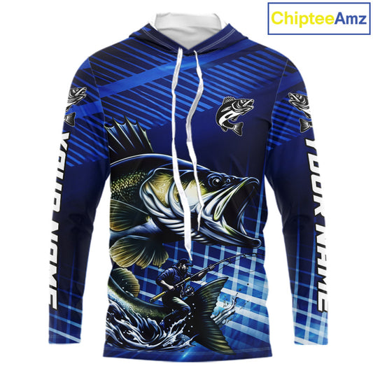 Blue Camo Walleye Custom Long Sleeve Hooded Fishing Shirts, Walleye Fishing Shirts NBT446