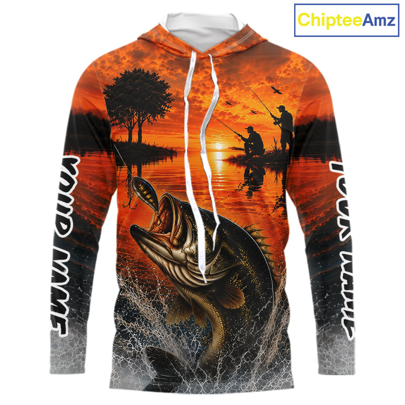 Sunset Bass Fishing Custom Name Long Sleeve Hooded Fishing Shirts, Bass Fishing Jerseys For Team NBT971