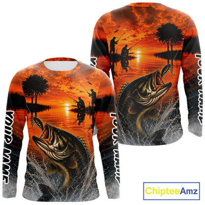 Sunset Bass Fishing Custom Name Long Sleeve Fishing Shirts, Bass Fishing Jerseys For Team NBT971