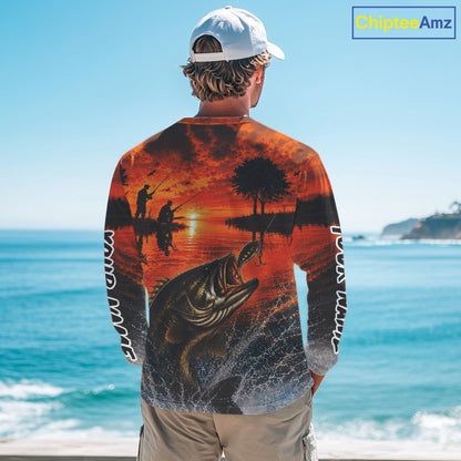Sunset Bass Fishing Custom Name Long Sleeve Fishing Shirts, Bass Fishing Jerseys For Team NBT971