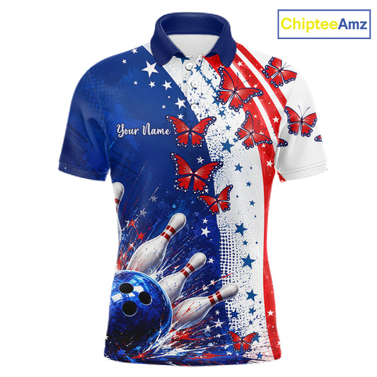 American Flag Butterfly Custom Patriotic Bowling Shirts For Men, Bowling League Shirts NBT973