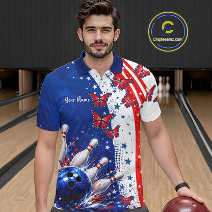 American Flag Butterfly Custom Patriotic Bowling Shirts For Men, Bowling League Shirts NBT973
