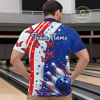 American Flag Butterfly Custom Patriotic Bowling Shirts For Men, Bowling League Shirts NBT973