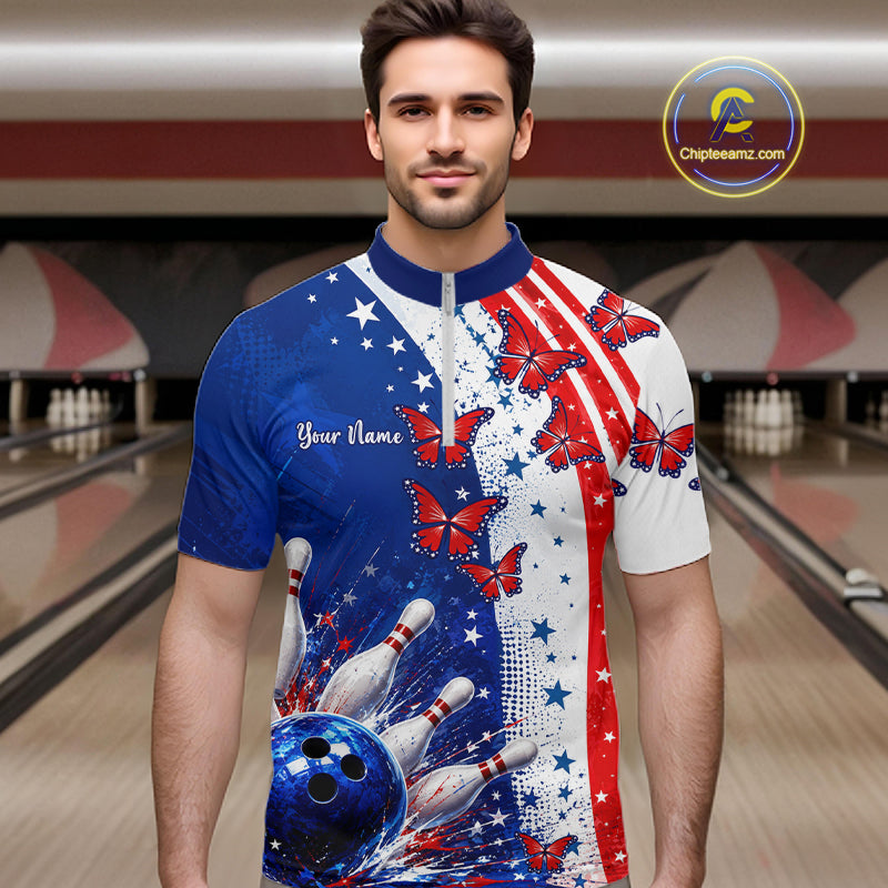 American Flag Butterfly Custom Patriotic Bowling Shirts For Men, Bowling League Shirts NBT973