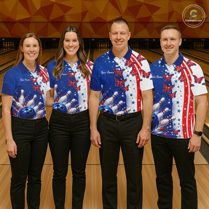 American Flag Butterfly Custom Patriotic Bowling Shirts For Men, Bowling League Shirts NBT973