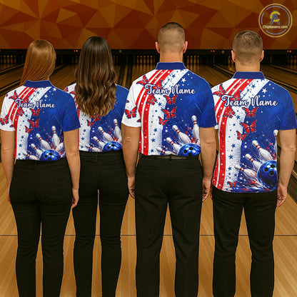 American Flag Butterfly Custom Patriotic Bowling Shirts For Men, Bowling League Shirts NBT973