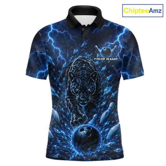 Custom Blue Thunder Lightning Leopard Men Bowling Shirts, Thunder Bowling Team Shirts NBT974