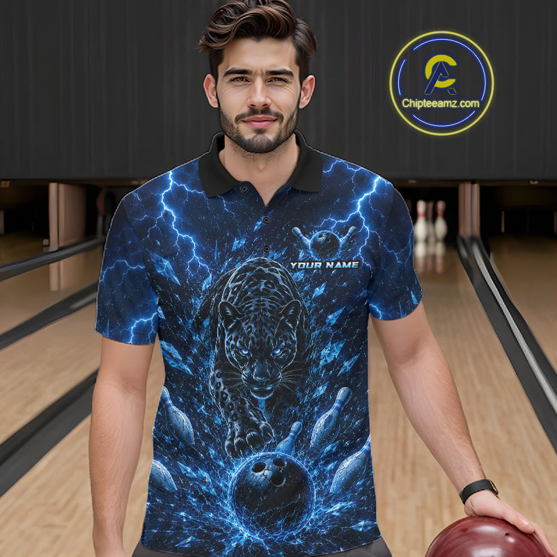 Custom Blue Thunder Lightning Leopard Men Bowling Shirts, Thunder Bowling Team Shirts NBT974
