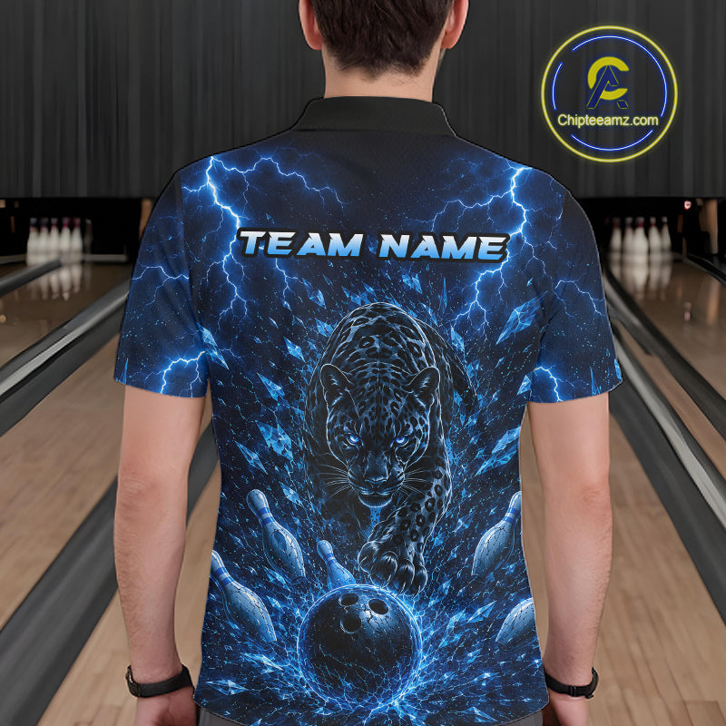 Custom Blue Thunder Lightning Leopard Men Bowling Shirts, Thunder Bowling Team Shirts NBT974