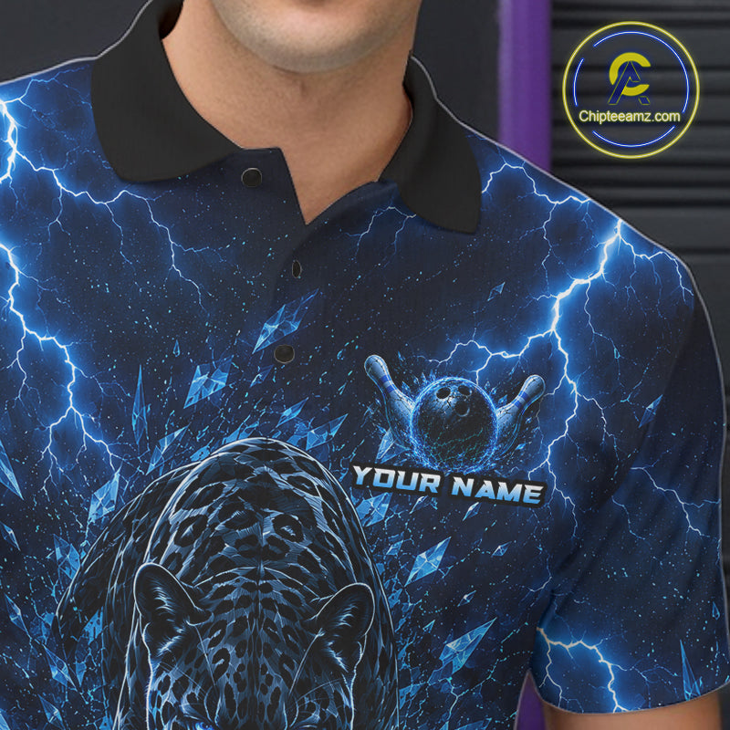Custom Blue Thunder Lightning Leopard Men Bowling Shirts, Thunder Bowling Team Shirts NBT974