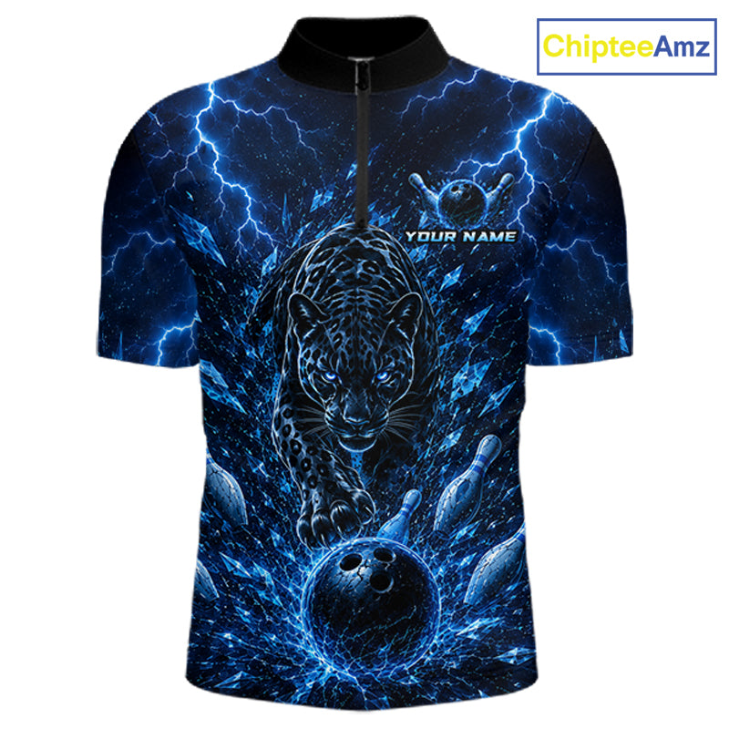 Custom Blue Thunder Lightning Leopard Men Bowling Shirts, Thunder Bowling Team Shirts NBT974