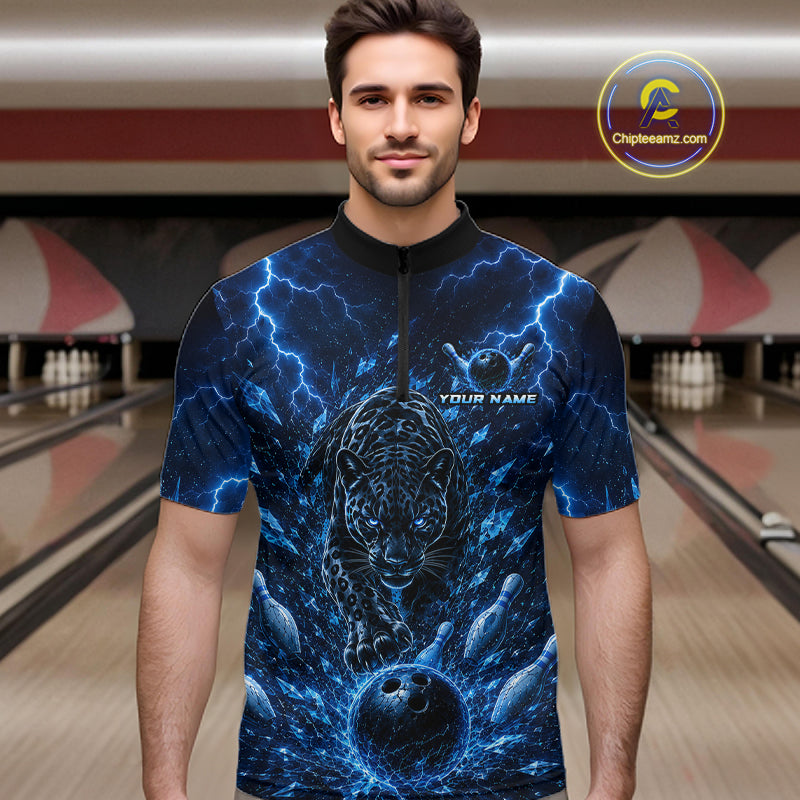 Custom Blue Thunder Lightning Leopard Men Bowling Shirts, Thunder Bowling Team Shirts NBT974