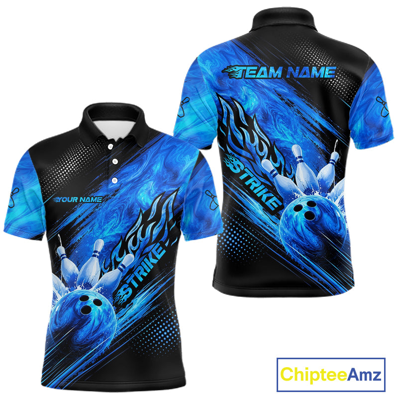 Blue Neon Strike Bowling Polo & 1/4 Quarter Zip Shirts For Men, Custom Bowling Team Shirts NBT975