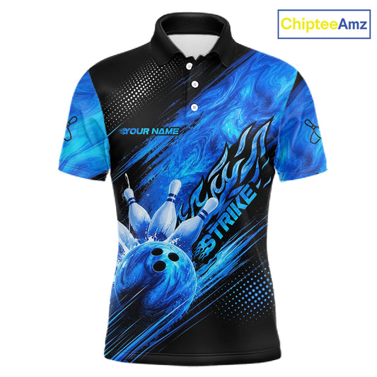 Blue Neon Strike Bowling Polo & 1/4 Quarter Zip Shirts For Men, Custom Bowling Team Shirts NBT975