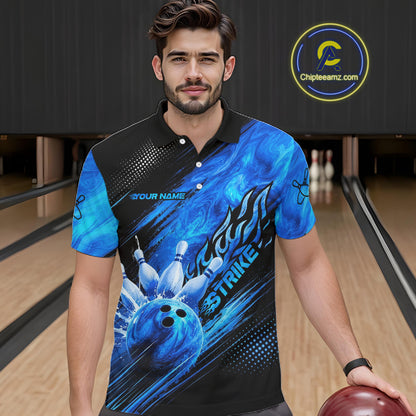 Blue Neon Strike Bowling Polo & 1/4 Quarter Zip Shirts For Men, Custom Bowling Team Shirts NBT975