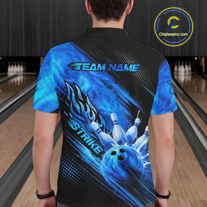 Blue Neon Strike Bowling Polo & 1/4 Quarter Zip Shirts For Men, Custom Bowling Team Shirts NBT975