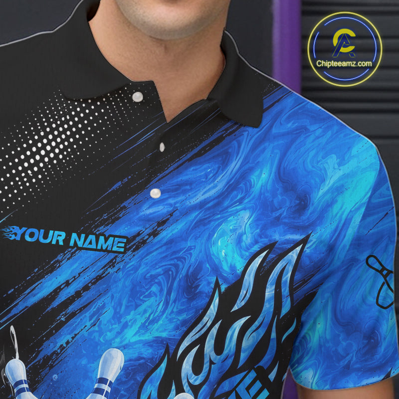 Blue Neon Strike Bowling Polo & 1/4 Quarter Zip Shirts For Men, Custom Bowling Team Shirts NBT975