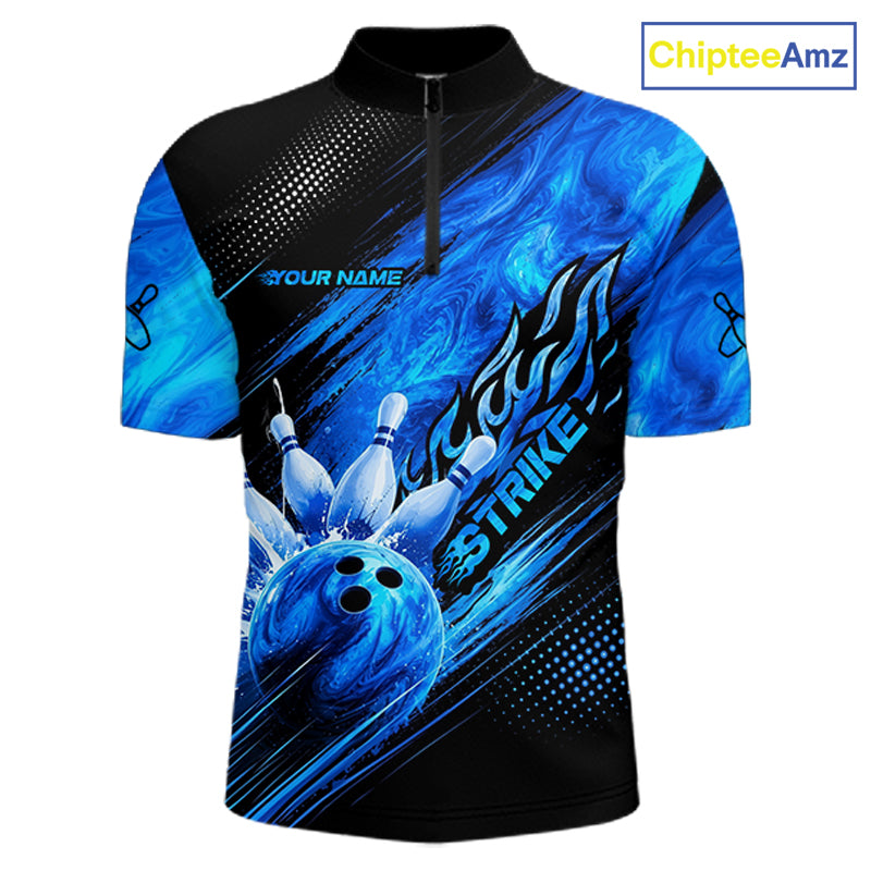 Blue Neon Strike Bowling Polo & 1/4 Quarter Zip Shirts For Men, Custom Bowling Team Shirts NBT975