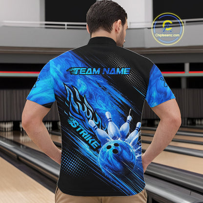 Blue Neon Strike Bowling Polo & 1/4 Quarter Zip Shirts For Men, Custom Bowling Team Shirts NBT975